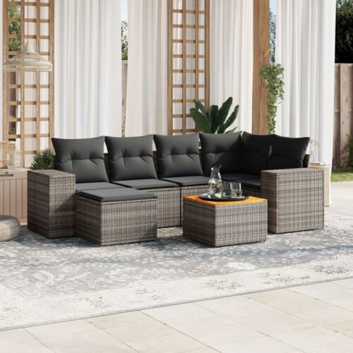 7-Piece Garden Sofa Set with Cushions Grey Poly Rattan Wicker Outdoor Patio Furniture - Image 2