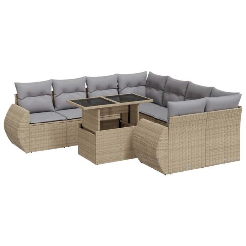 9-Piece Garden Sofa Set with Cushions Beige Poly Rattan Wicker Outdoor Patio Furniture