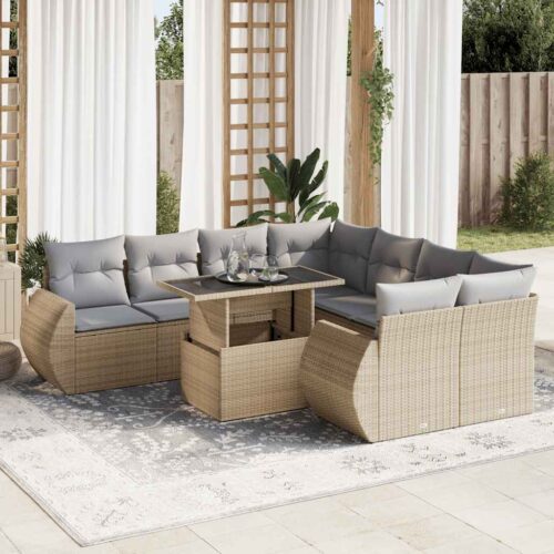 9-Piece Garden Sofa Set with Cushions Beige Poly Rattan Wicker Outdoor Patio Furniture - Image 2