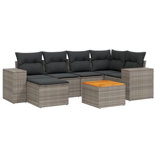 7-Piece Garden Sofa Set with Cushions Grey Poly Rattan Wicker Outdoor Patio Furniture - Image 5