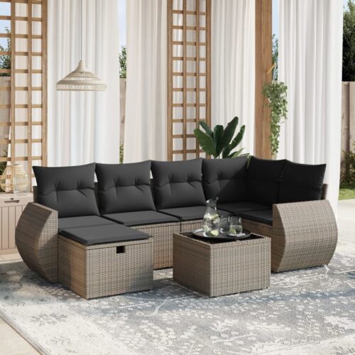 7-Piece Garden Sofa Set with Cushions Grey Poly Rattan Wicker Outdoor Patio Furniture - Image 2
