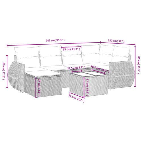 7-Piece Garden Sofa Set with Cushions Grey Poly Rattan Wicker Outdoor Patio Furniture - Image 4