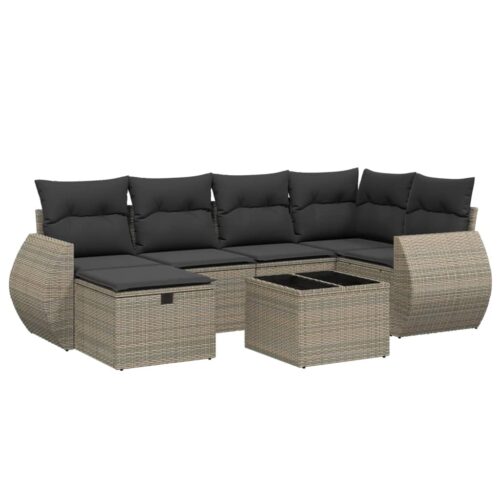 7-Piece Garden Sofa Set with Cushions Grey Poly Rattan Wicker Outdoor Patio Furniture - Image 6