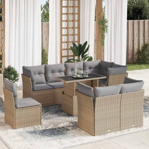 9-Piece Garden Sofa Set with Cushions Beige Poly Rattan Wicker Outdoor Patio Furniture - Image 2
