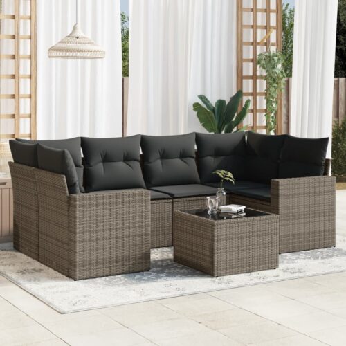 7-Piece Garden Sofa Set with Cushions Grey Poly Rattan Wicker Outdoor Patio Furniture - Image 2