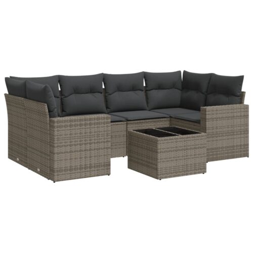 7-Piece Garden Sofa Set with Cushions Grey Poly Rattan Wicker Outdoor Patio Furniture - Image 5