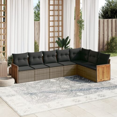 7-Piece Garden Sofa Set with Cushions Grey Poly Rattan Wicker Outdoor Patio Furniture - Image 2