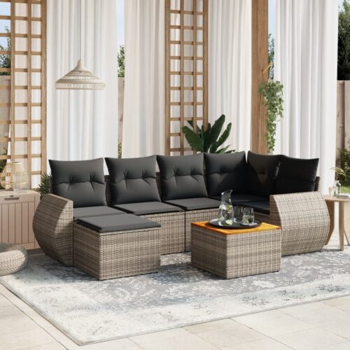 7-Piece Garden Sofa Set with Cushions Grey Poly Rattan Wicker Outdoor Patio Furniture - Image 2