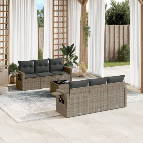 7-Piece Garden Sofa Set with Cushions Grey Poly Rattan Wicker Outdoor Patio Furniture - Image 2