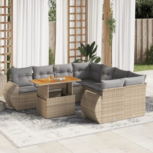 9-Piece Garden Sofa Set with Cushions Beige Poly Rattan Wicker Outdoor Patio Furniture - Image 2