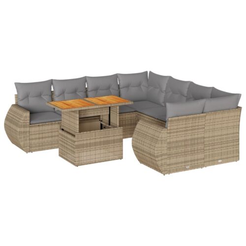 9-Piece Garden Sofa Set with Cushions Beige Poly Rattan Wicker Outdoor Patio Furniture - Image 13