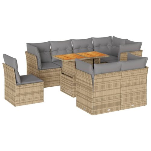 9-Piece Garden Sofa Set with Cushions Beige Poly Rattan Wicker Outdoor Patio Furniture