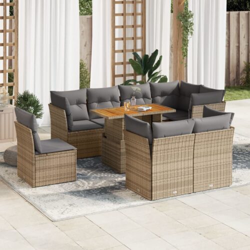 9-Piece Garden Sofa Set with Cushions Beige Poly Rattan Wicker Outdoor Patio Furniture - Image 2