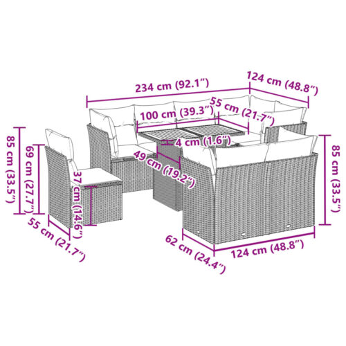 9-Piece Garden Sofa Set with Cushions Beige Poly Rattan Wicker Outdoor Patio Furniture - Image 11