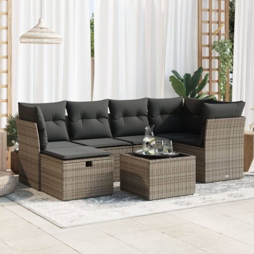 7-Piece Garden Sofa Set with Cushions Grey Poly Rattan Wicker Outdoor Patio Furniture - Image 2