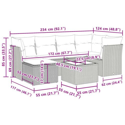 7-Piece Garden Sofa Set with Cushions Grey Poly Rattan Wicker Outdoor Patio Furniture - Image 12