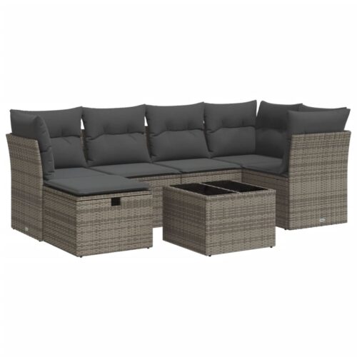 7-Piece Garden Sofa Set with Cushions Grey Poly Rattan Wicker Outdoor Patio Furniture - Image 13
