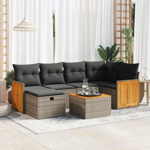 7-Piece Garden Sofa Set with Cushions Grey Poly Rattan Wicker Outdoor Patio Furniture - Image 2