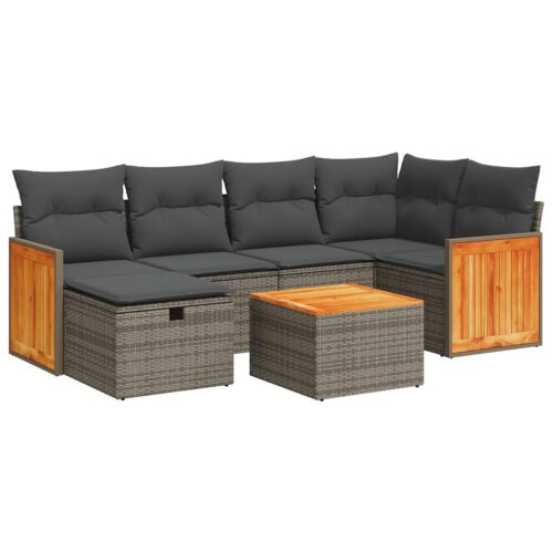 7-Piece Garden Sofa Set with Cushions Grey Poly Rattan Wicker Outdoor Patio Furniture - Image 13