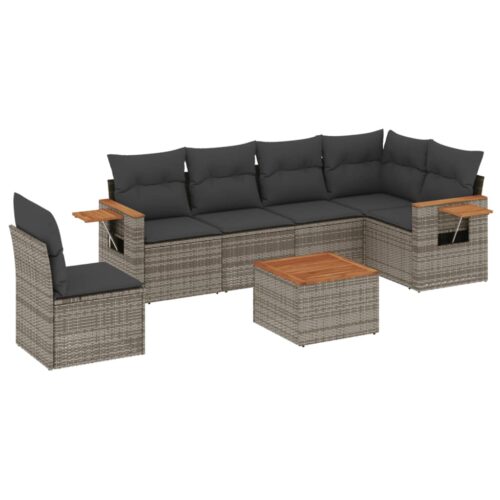 7-Piece Garden Sofa Set with Cushions Grey Poly Rattan Wicker Outdoor Patio Furniture