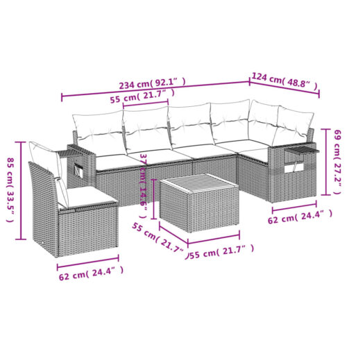 7-Piece Garden Sofa Set with Cushions Grey Poly Rattan Wicker Outdoor Patio Furniture - Image 3