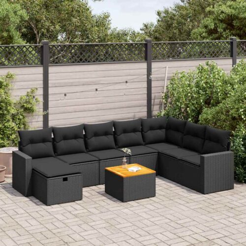 9-Piece Garden Sofa Set with Cushions Black Poly Rattan Wicker Outdoor Patio Furniture - Image 2