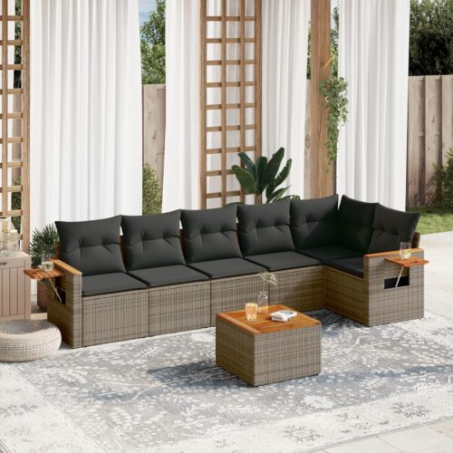 7-Piece Garden Sofa Set with Cushions Grey Poly Rattan Wicker Outdoor Patio Furniture - Image 2