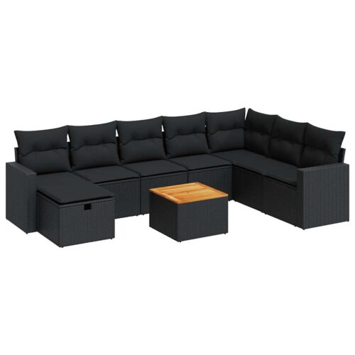 9-Piece Garden Sofa Set with Cushions Black Poly Rattan Wicker Outdoor Patio Furniture - Image 13