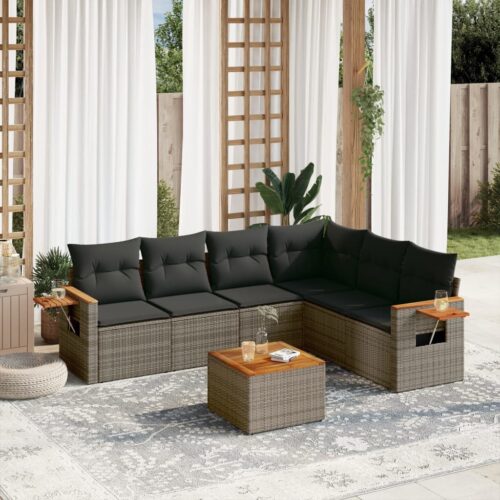 7-Piece Garden Sofa Set with Cushions Grey Poly Rattan Wicker Outdoor Patio Furniture - Image 2