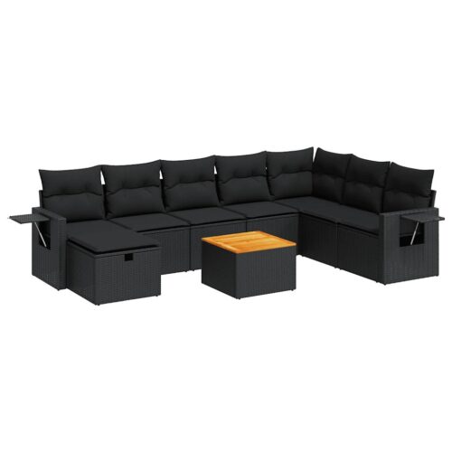 9-Piece Garden Sofa Set with Cushions Black Poly Rattan Wicker Outdoor Patio Furniture