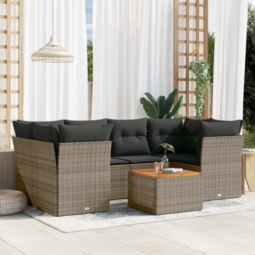 7-Piece Garden Sofa Set with Cushions Grey Poly Rattan Wicker Outdoor Patio Furniture - Image 2