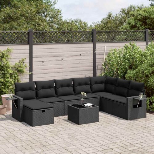 9-Piece Garden Sofa Set with Cushions Black Poly Rattan Wicker Outdoor Patio Furniture - Image 2