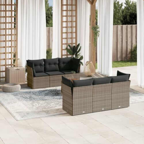 7-Piece Garden Sofa Set with Cushions Grey Poly Rattan Wicker Outdoor Patio Furniture - Image 2