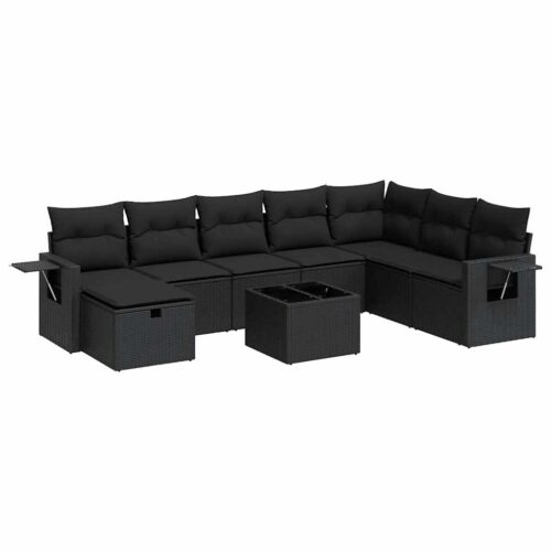 9-Piece Garden Sofa Set with Cushions Black Poly Rattan Wicker Outdoor Patio Furniture - Image 13