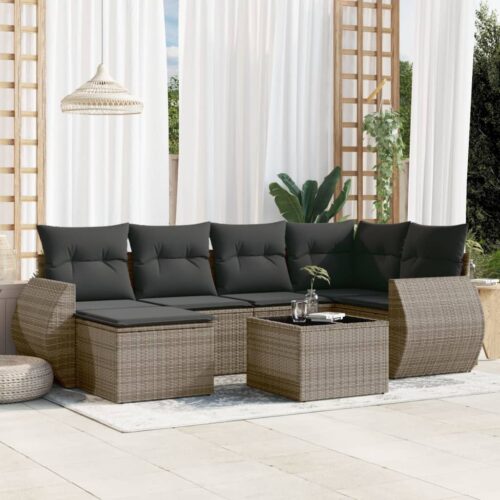 7-Piece Garden Sofa Set with Cushions Grey Poly Rattan Wicker Outdoor Patio Furniture - Image 2