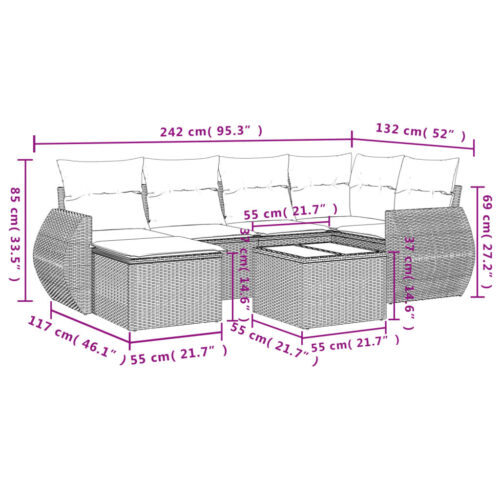 7-Piece Garden Sofa Set with Cushions Grey Poly Rattan Wicker Outdoor Patio Furniture - Image 3