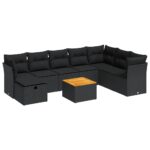 9-Piece Garden Sofa Set with Cushions Black Poly Rattan Wicker Outdoor Patio Furniture