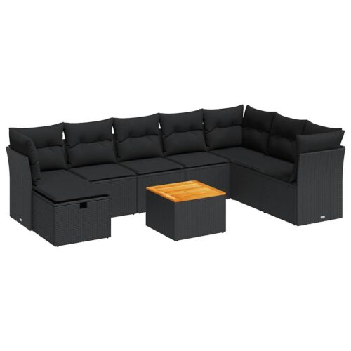 9-Piece Garden Sofa Set with Cushions Black Poly Rattan Wicker Outdoor Patio Furniture