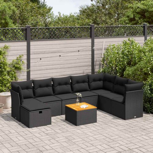 9-Piece Garden Sofa Set with Cushions Black Poly Rattan Wicker Outdoor Patio Furniture - Image 2