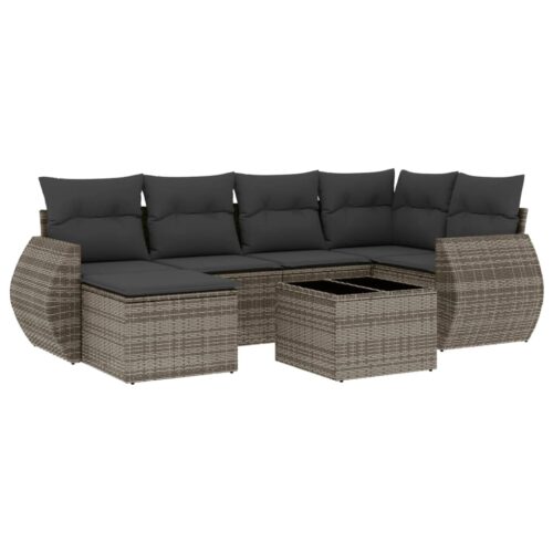 7-Piece Garden Sofa Set with Cushions Grey Poly Rattan Wicker Outdoor Patio Furniture - Image 5