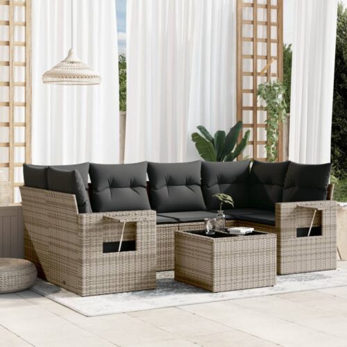 7-Piece Garden Sofa Set with Cushions Grey Poly Rattan Wicker Outdoor Patio Furniture - Image 2