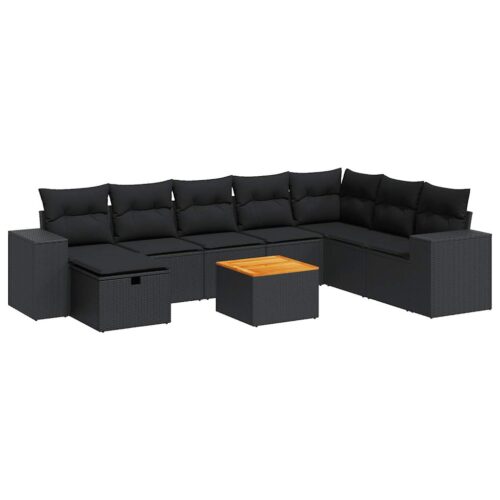 9-Piece Garden Sofa Set with Cushions Black Poly Rattan Wicker Outdoor Patio Furniture