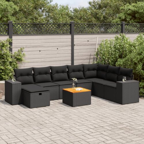 9-Piece Garden Sofa Set with Cushions Black Poly Rattan Wicker Outdoor Patio Furniture - Image 2