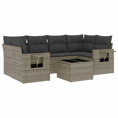 7-Piece Garden Sofa Set with Cushions Grey Poly Rattan Wicker Outdoor Patio Furniture - Image 14