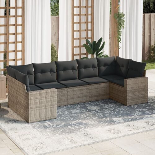 7-Piece Garden Sofa Set with Cushions Grey Poly Rattan Wicker Outdoor Patio Furniture - Image 2