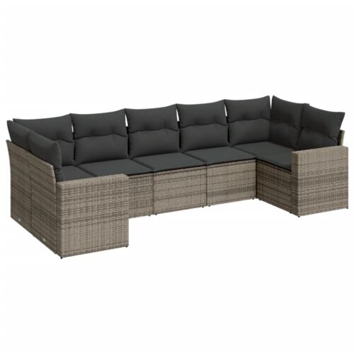 7-Piece Garden Sofa Set with Cushions Grey Poly Rattan Wicker Outdoor Patio Furniture - Image 5
