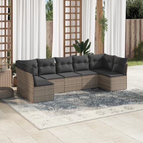 7-Piece Garden Sofa Set with Cushions Grey Poly Rattan Wicker Outdoor Patio Furniture - Image 2