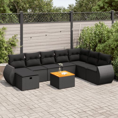 9-Piece Garden Sofa Set with Cushions Black Poly Rattan Wicker Outdoor Patio Furniture - Image 2