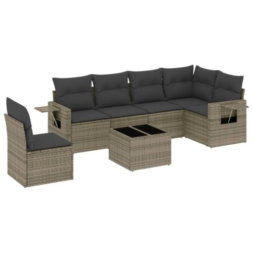 7-Piece Garden Sofa Set with Cushions Grey Poly Rattan Wicker Outdoor Patio Furniture
