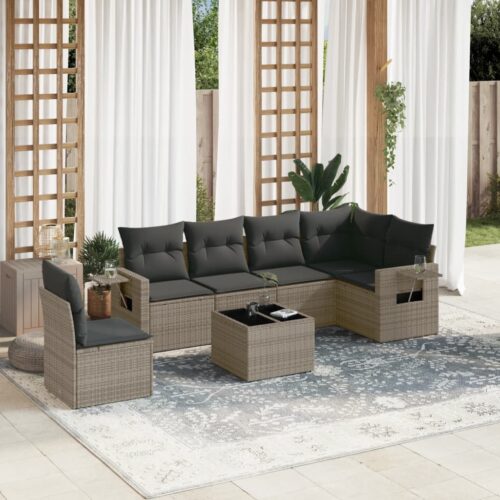 7-Piece Garden Sofa Set with Cushions Grey Poly Rattan Wicker Outdoor Patio Furniture - Image 2
